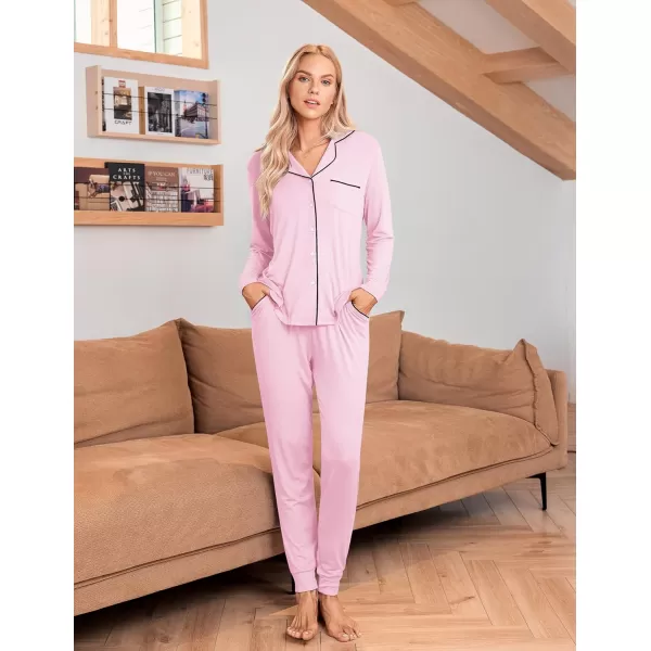 Ekouaer Pajamas Set Long Sleeve Sleepwear Womens Button Down Nightwear Soft Pj Loungewear Sets with PocketsPink