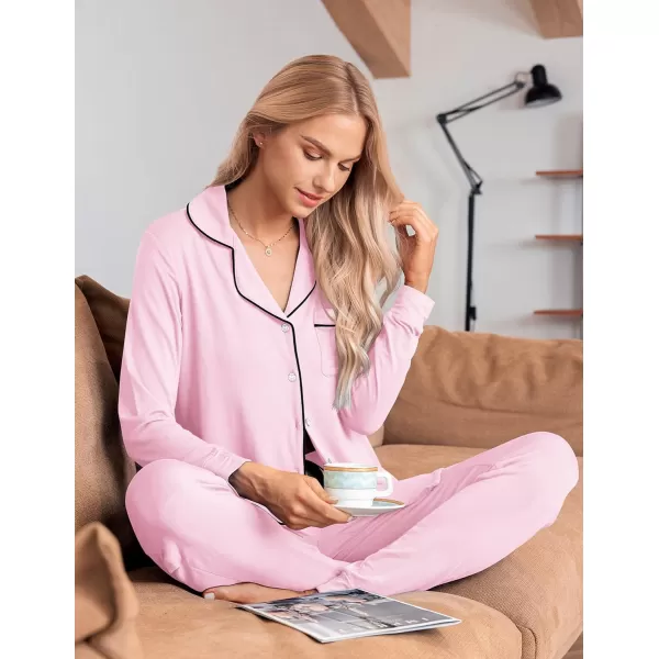 Ekouaer Pajamas Set Long Sleeve Sleepwear Womens Button Down Nightwear Soft Pj Loungewear Sets with PocketsPink