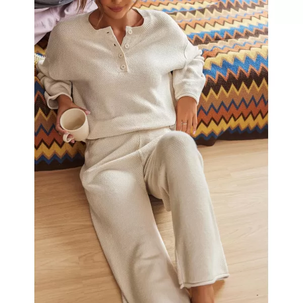 Ekouaer Pajamas Set Women Long Sleeve 2 Piece Outfits Knit Sweater Slouchy Button Sleepwear Sets with Wide Leg PantsApricot