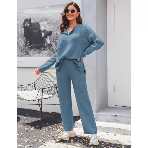 Ekouaer Pajamas Set Women Long Sleeve 2 Piece Outfits Knit Sweater Slouchy Button Sleepwear Sets with Wide Leg PantsBlue