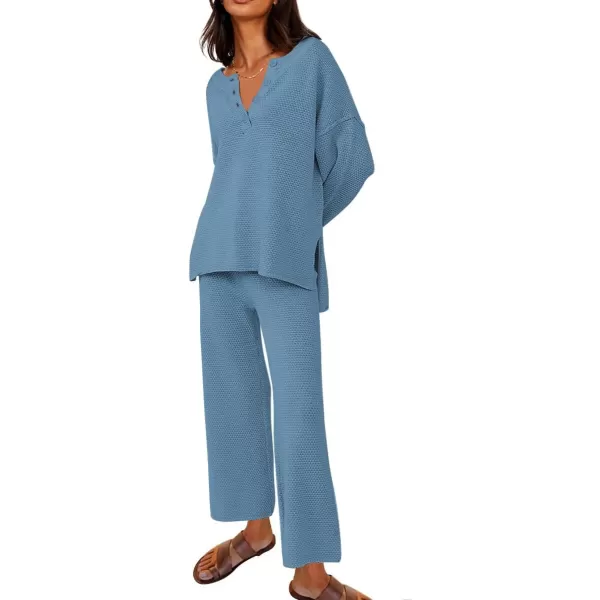 Ekouaer Pajamas Set Women Long Sleeve 2 Piece Outfits Knit Sweater Slouchy Button Sleepwear Sets with Wide Leg PantsBlue