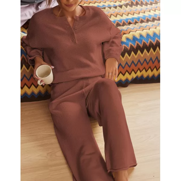 Ekouaer Pajamas Set Women Long Sleeve 2 Piece Outfits Knit Sweater Slouchy Button Sleepwear Sets with Wide Leg PantsBrown