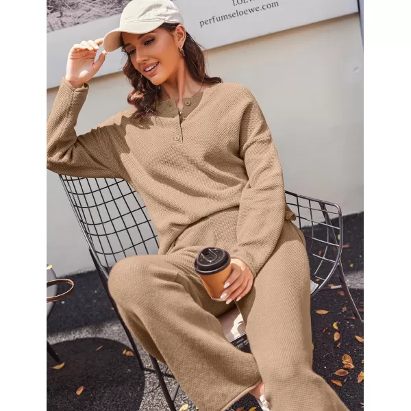 Ekouaer Pajamas Set Women Long Sleeve 2 Piece Outfits Knit Sweater Slouchy Button Sleepwear Sets with Wide Leg PantsKhaki