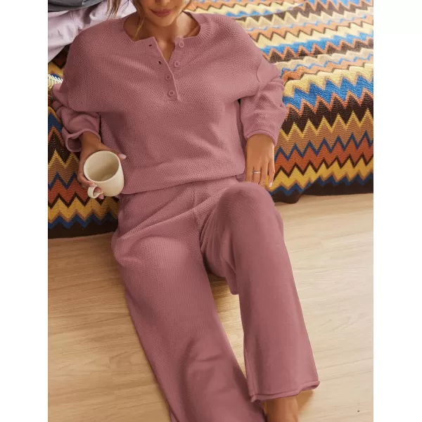 Ekouaer Pajamas Set Women Long Sleeve 2 Piece Outfits Knit Sweater Slouchy Button Sleepwear Sets with Wide Leg PantsRed