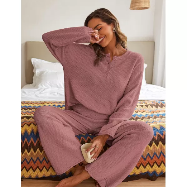 Ekouaer Pajamas Set Women Long Sleeve 2 Piece Outfits Knit Sweater Slouchy Button Sleepwear Sets with Wide Leg PantsRed