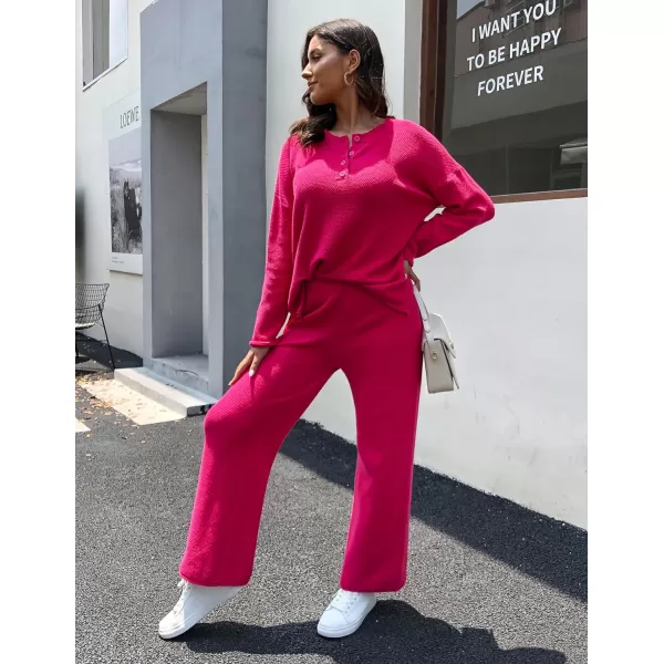 Ekouaer Pajamas Set Women Long Sleeve 2 Piece Outfits Knit Sweater Slouchy Button Sleepwear Sets with Wide Leg PantsRose Red