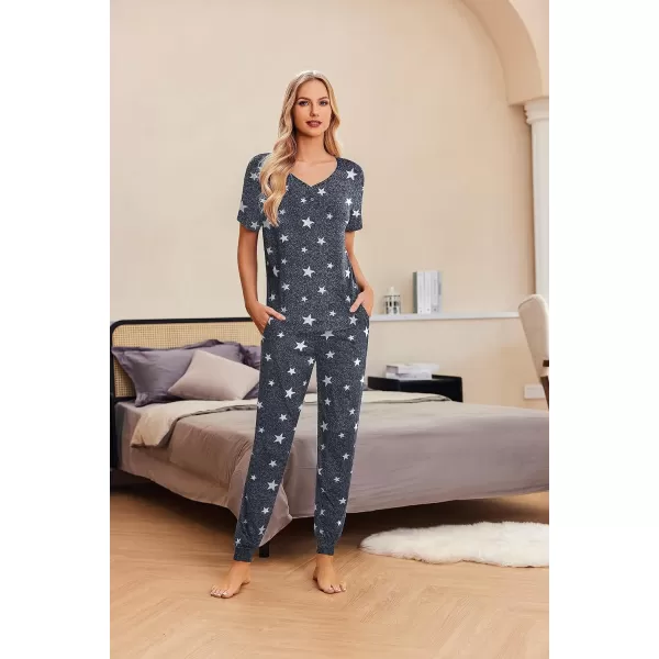 Ekouaer Pajamas Set Womens 2 Piece Lounge Set Short Sleeve Pjs Joggers Pants Sleepwear with Pockets01 Pattern6grey Stars