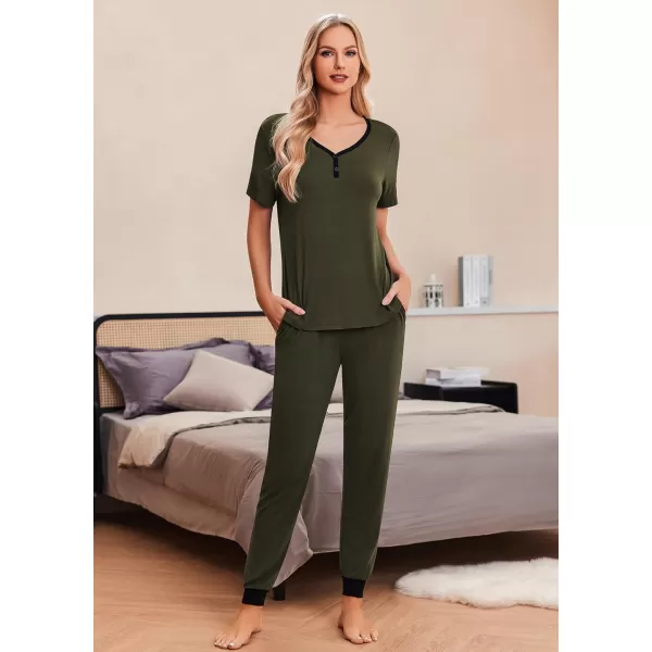 Ekouaer Pajamas Set Womens 2 Piece Lounge Set Short Sleeve Pjs Joggers Pants Sleepwear with PocketsArmy Green