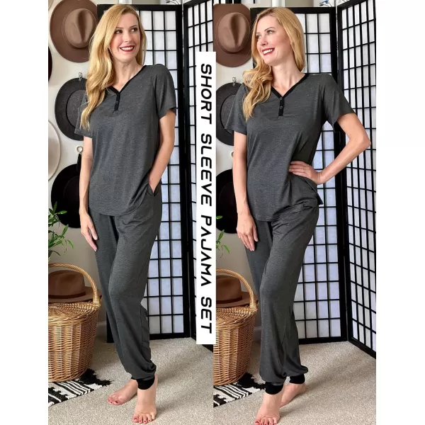 Ekouaer Pajamas Set Womens 2 Piece Lounge Set Short Sleeve Pjs Joggers Pants Sleepwear with PocketsDark Gray