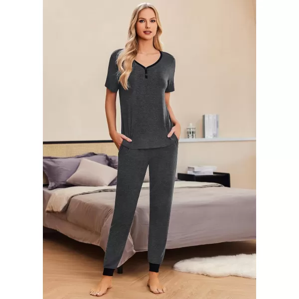 Ekouaer Pajamas Set Womens 2 Piece Lounge Set Short Sleeve Pjs Joggers Pants Sleepwear with PocketsDark Gray