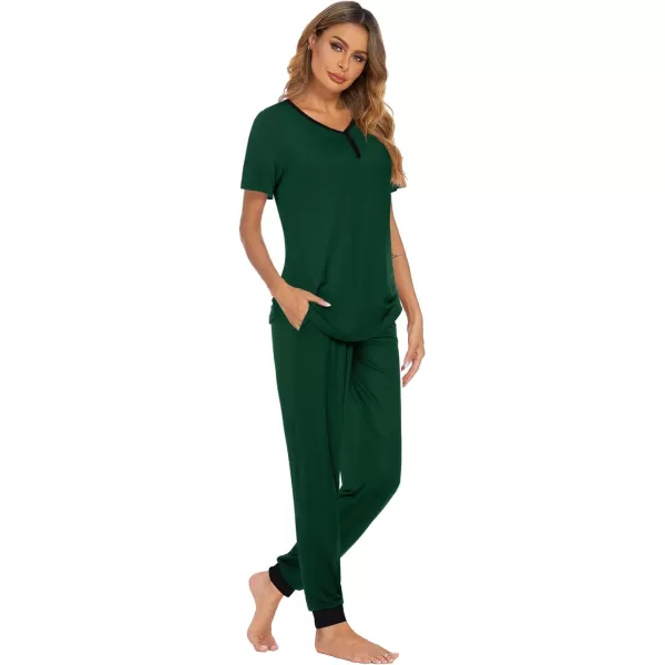 Ekouaer Pajamas Set Womens 2 Piece Lounge Set Short Sleeve Pjs Joggers Pants Sleepwear with PocketsGreen