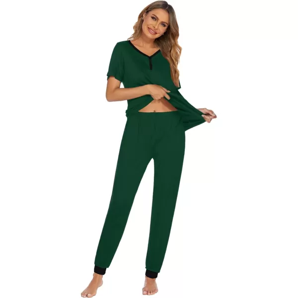 Ekouaer Pajamas Set Womens 2 Piece Lounge Set Short Sleeve Pjs Joggers Pants Sleepwear with PocketsGreen