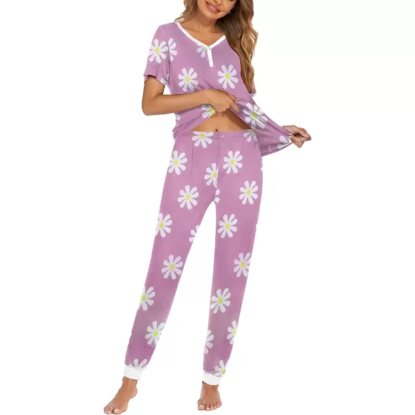 Ekouaer Pajamas Set Womens 2 Piece Lounge Set Short Sleeve Pjs Joggers Pants Sleepwear with PocketsPattern 10light Purple