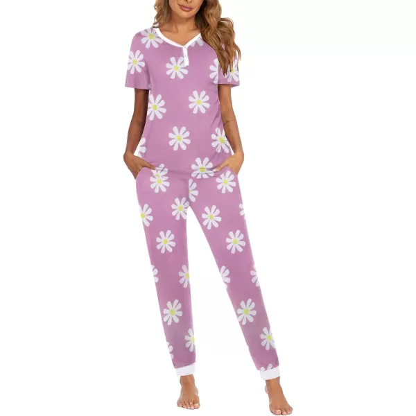 Ekouaer Pajamas Set Womens 2 Piece Lounge Set Short Sleeve Pjs Joggers Pants Sleepwear with PocketsPattern 10light Purple