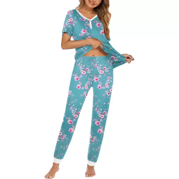 Ekouaer Pajamas Set Womens 2 Piece Lounge Set Short Sleeve Pjs Joggers Pants Sleepwear with PocketsPattern 11light Blue