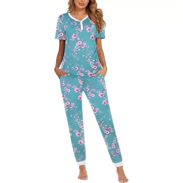 Ekouaer Pajamas Set Womens 2 Piece Lounge Set Short Sleeve Pjs Joggers Pants Sleepwear with PocketsPattern 11light Blue