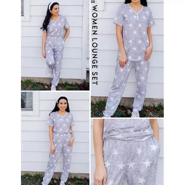 Ekouaer Pajamas Set Womens 2 Piece Lounge Set Short Sleeve Pjs Joggers Pants Sleepwear with PocketsPattern 1gray Star