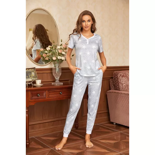 Ekouaer Pajamas Set Womens 2 Piece Lounge Set Short Sleeve Pjs Joggers Pants Sleepwear with PocketsPattern 1gray Star