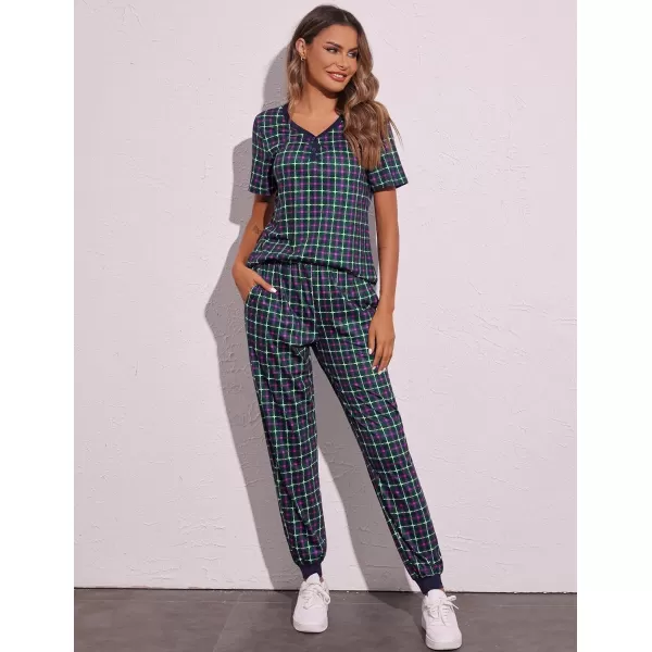 Ekouaer Pajamas Set Womens 2 Piece Lounge Set Short Sleeve Pjs Joggers Pants Sleepwear with PocketsPattern 9navy Blue Plaid