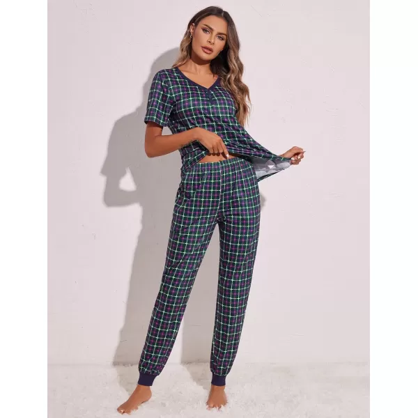 Ekouaer Pajamas Set Womens 2 Piece Lounge Set Short Sleeve Pjs Joggers Pants Sleepwear with PocketsPattern 9navy Blue Plaid