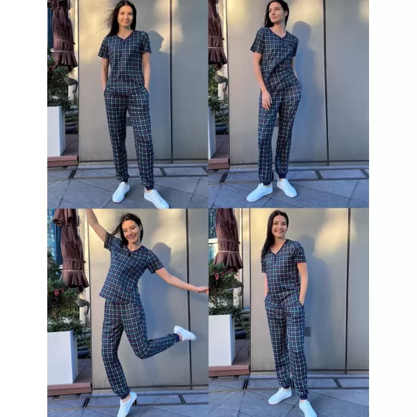 Ekouaer Pajamas Set Womens 2 Piece Lounge Set Short Sleeve Pjs Joggers Pants Sleepwear with PocketsPattern 9navy Blue Plaid