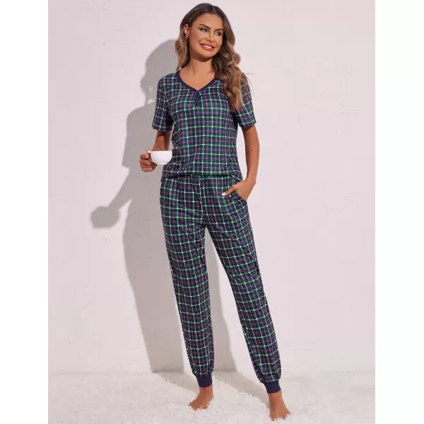 Ekouaer Pajamas Set Womens 2 Piece Lounge Set Short Sleeve Pjs Joggers Pants Sleepwear with PocketsPattern 9navy Blue Plaid