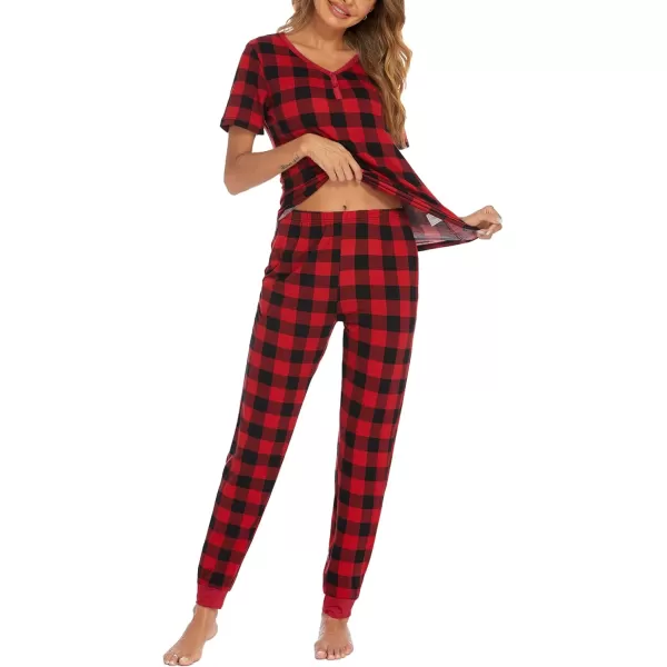 Ekouaer Pajamas Set Womens 2 Piece Lounge Set Short Sleeve Pjs Joggers Pants Sleepwear with PocketsPattern5red Big Plaid