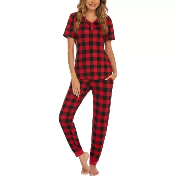 Ekouaer Pajamas Set Womens 2 Piece Lounge Set Short Sleeve Pjs Joggers Pants Sleepwear with PocketsPattern5red Big Plaid