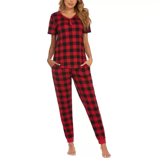 Ekouaer Pajamas Set Womens 2 Piece Lounge Set Short Sleeve Pjs Joggers Pants Sleepwear with PocketsPattern5red Big Plaid