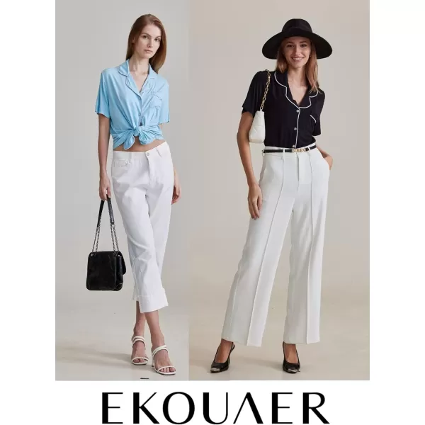 Ekouaer Pajamas Set for Women Short Sleeve Sleepwear Notch Collar Button Down Nightwear Soft Pjs Lounge SetAblack