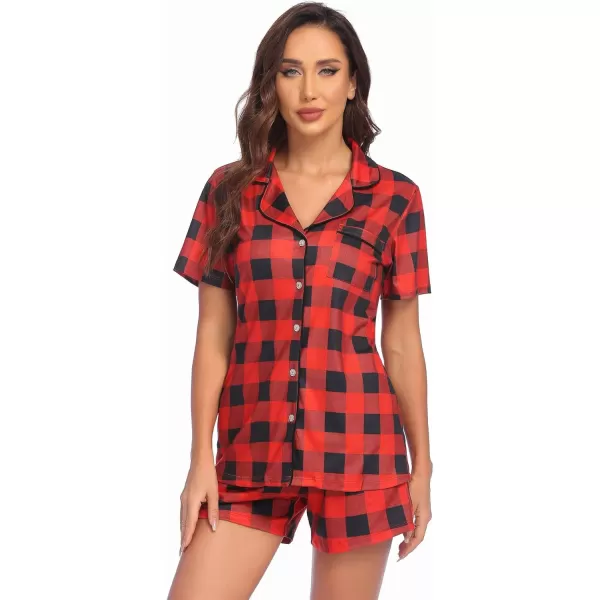 Ekouaer Pajamas Set for Women Short Sleeve Sleepwear Notch Collar Button Down Nightwear Soft Pjs Lounge SetApat19 Red Plaid