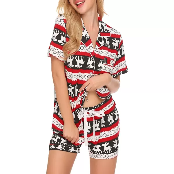 Ekouaer Pajamas Set for Women Short Sleeve Sleepwear Notch Collar Button Down Nightwear Soft Pjs Lounge SetApatchristmas Red