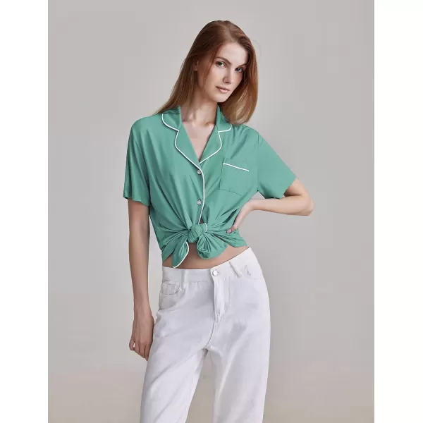 Ekouaer Pajamas Set for Women Short Sleeve Sleepwear Notch Collar Button Down Nightwear Soft Pjs Lounge SetCaqua Green