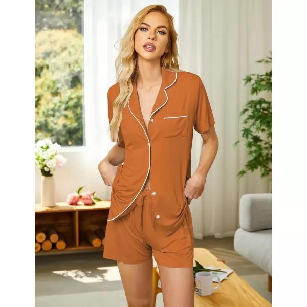 Ekouaer Pajamas Set for Women Short Sleeve Sleepwear Notch Collar Button Down Nightwear Soft Pjs Lounge SetLight Brown