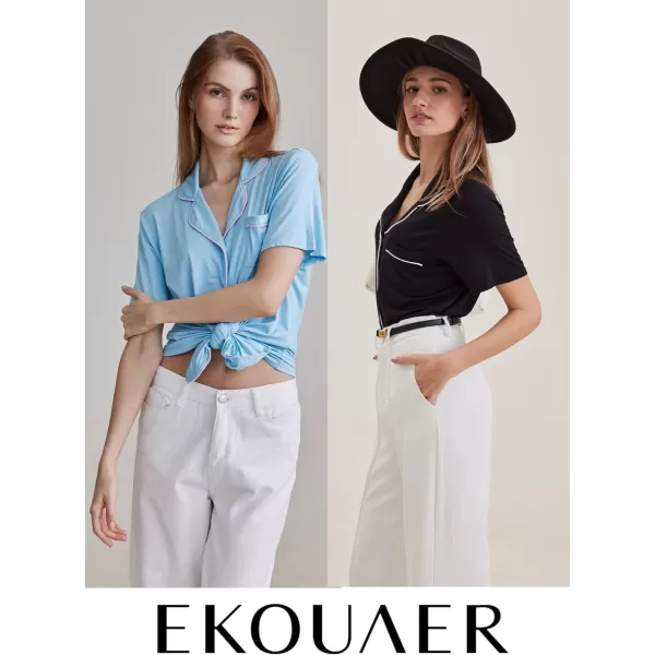 Ekouaer Pajamas Set for Women Short Sleeve Sleepwear Notch Collar Button Down Nightwear Soft Pjs Lounge SetLight Sky Blue