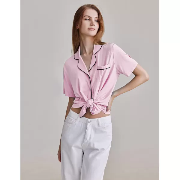 Ekouaer Pajamas Set for Women Short Sleeve Sleepwear Notch Collar Button Down Nightwear Soft Pjs Lounge SetMisty Rose