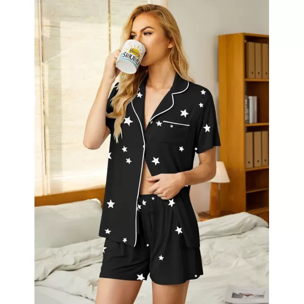 Ekouaer Pajamas Set for Women Short Sleeve Sleepwear Notch Collar Button Down Nightwear Soft Pjs Lounge SetPat27black With Stars