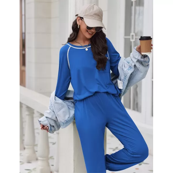 Ekouaer Pajamas Set for Women Soft Long Sleeve Pjs Sets Cotton Sleepwear Loungewear SXXLBlue