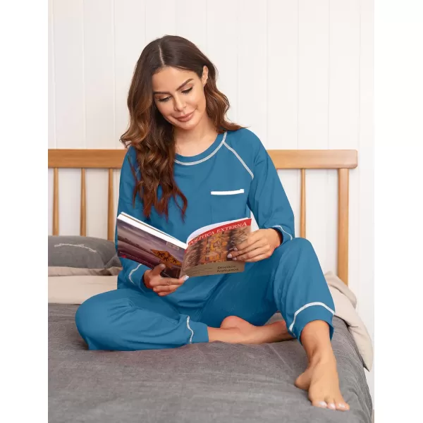 Ekouaer Pajamas Set for Women Soft Long Sleeve Pjs Sets Cotton Sleepwear Loungewear SXXLBlue Green