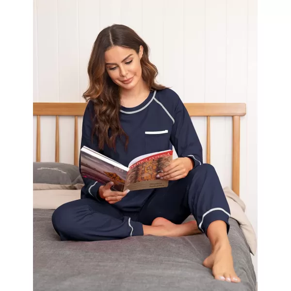 Ekouaer Pajamas Set for Women Soft Long Sleeve Pjs Sets Cotton Sleepwear Loungewear SXXLNavy Blue