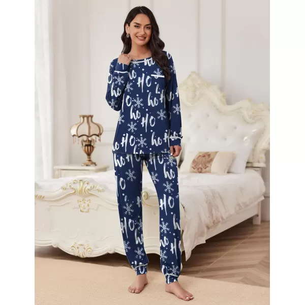 Ekouaer Pajamas Set for Women Soft Long Sleeve Pjs Sets Cotton Sleepwear Loungewear SXXLPat14christmas Navy With Snowflakes