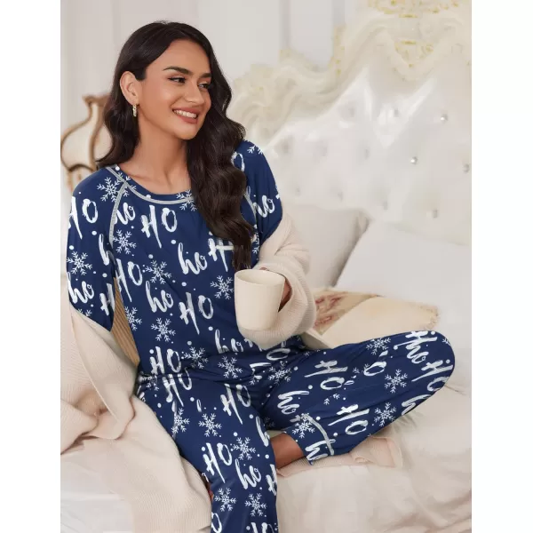 Ekouaer Pajamas Set for Women Soft Long Sleeve Pjs Sets Cotton Sleepwear Loungewear SXXLPat14christmas Navy With Snowflakes