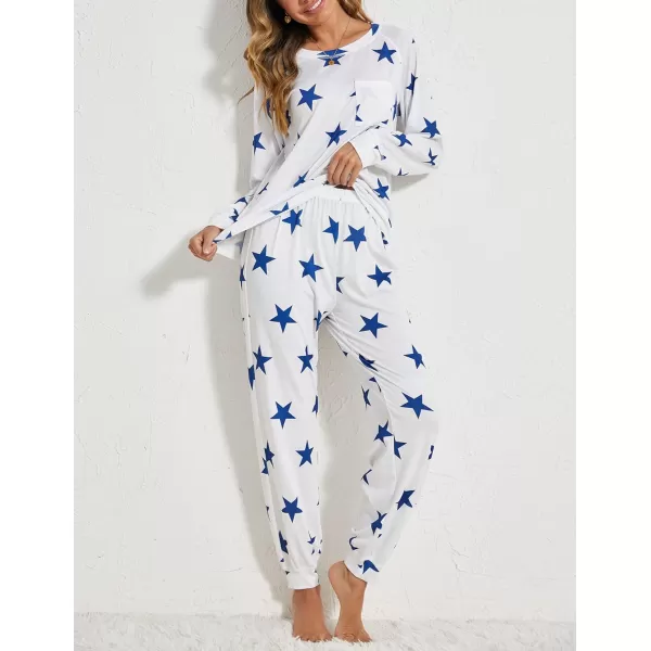 Ekouaer Pajamas Set for Women Soft Long Sleeve Pjs Sets Cotton Sleepwear Loungewear SXXLPat8white Blue Star