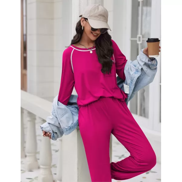 Ekouaer Pajamas Set for Women Soft Long Sleeve Pjs Sets Cotton Sleepwear Loungewear SXXLRose Red