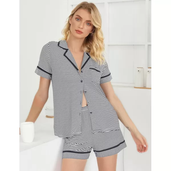 Ekouaer Pajamas Soft Striped Womens Short Sleeve Button Sleepwear Shorts Shirt PJ SetSXXLAnavy Blue Striped