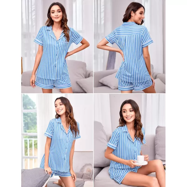 Ekouaer Pajamas Soft Striped Womens Short Sleeve Button Sleepwear Shorts Shirt PJ SetSXXLBlight Blue Vertical Striped