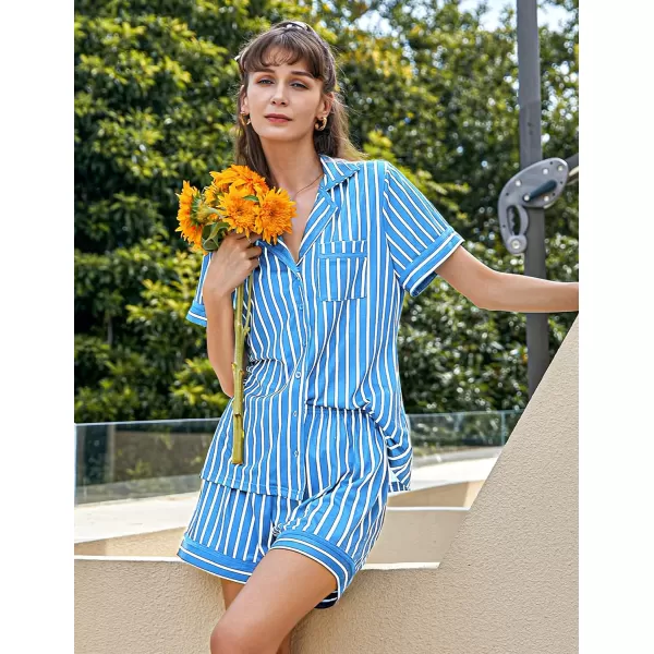 Ekouaer Pajamas Soft Striped Womens Short Sleeve Button Sleepwear Shorts Shirt PJ SetSXXLBlight Blue Vertical Striped