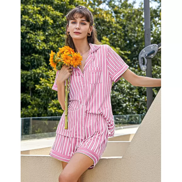 Ekouaer Pajamas Soft Striped Womens Short Sleeve Button Sleepwear Shorts Shirt PJ SetSXXLBpink Vertical Striped