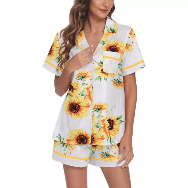 Ekouaer Pajamas Soft Striped Womens Short Sleeve Button Sleepwear Shorts Shirt PJ SetSXXLPat27sunflower