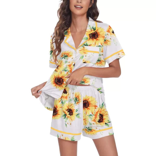 Ekouaer Pajamas Soft Striped Womens Short Sleeve Button Sleepwear Shorts Shirt PJ SetSXXLPat27sunflower